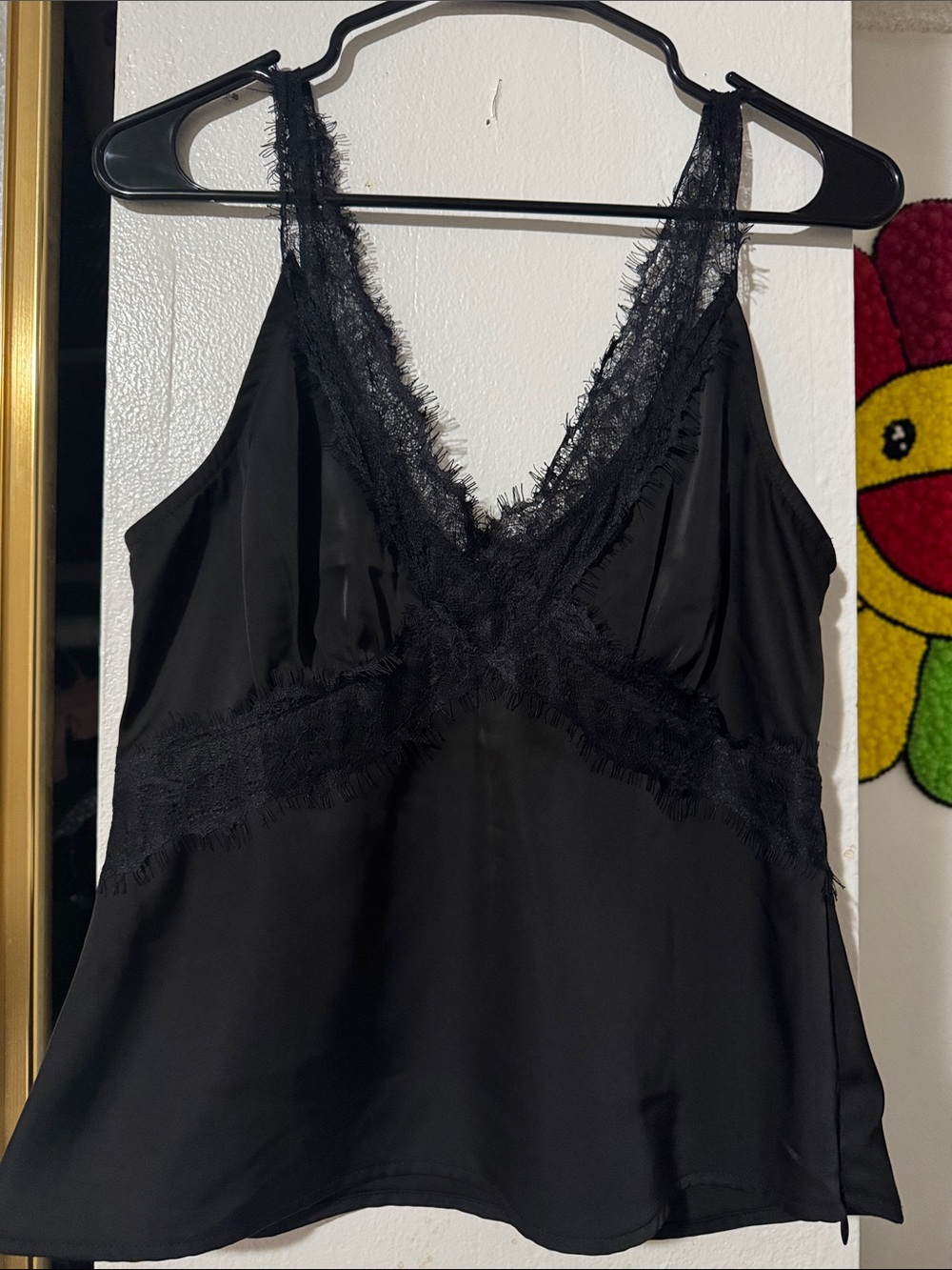 Black Lace Trim Satin Cami Tank